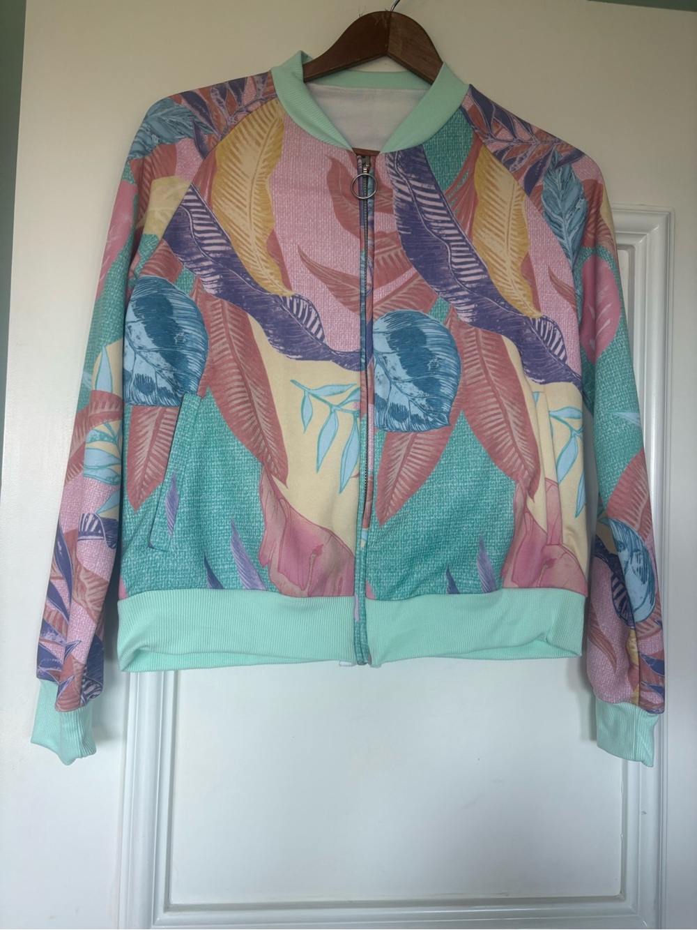 Floral Pastel Knit Bomber Jacket - Mint & Pink